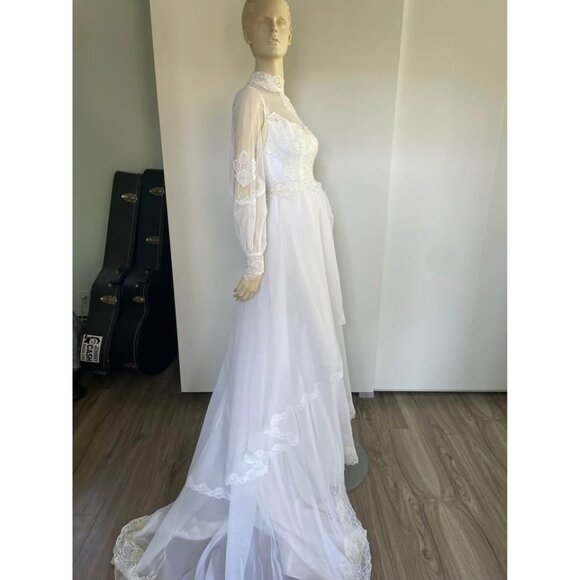 Vintage Weddjng Dress, Size S, 1980s High Neck Lace - Picture 4 of 9
